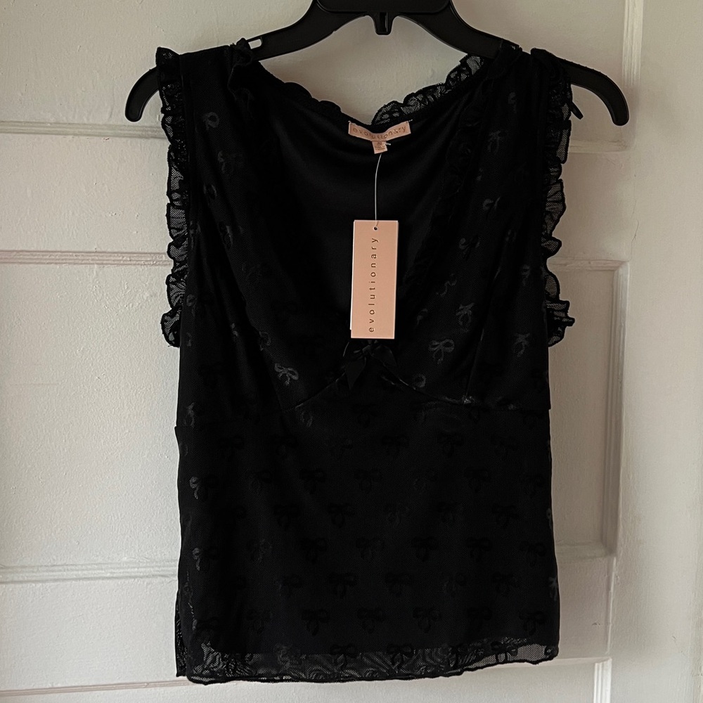 Black Ruffled Sleeveless mesh top with bow pattern size small nwt